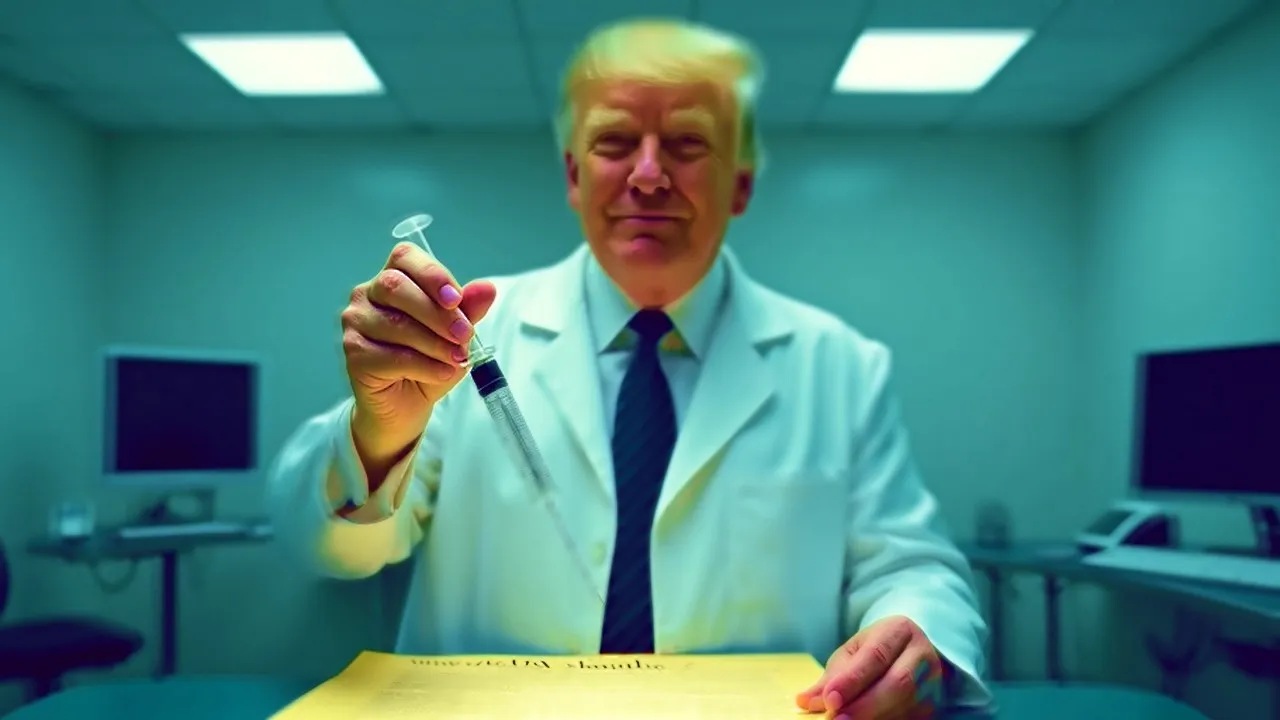 MAGA: A Four-Letter Term for TDS Number 45, pleased and dressed in a lab coat, prepares to jab the Constitution with a hypodermic needle containing Pfizer's COVID-19 mRNA vaccine, of which he could not be more proud